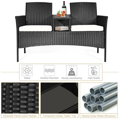 Patio Rattan Conversation Set Seat Sofa Cushioned Loveseat Glass Table Chairs