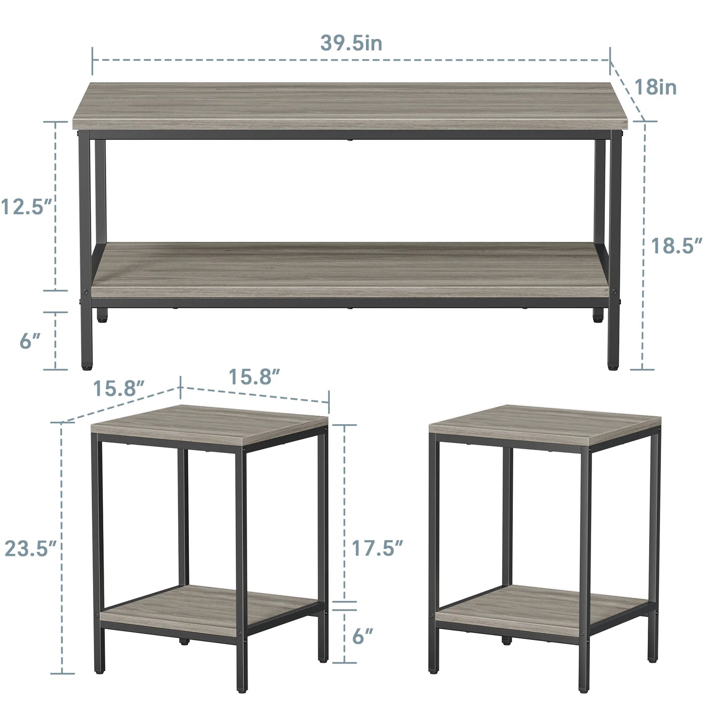 3-Piece Coffee Table Set for Living Room, End Table Set with Storage, Includes 1 Coffee Table and 2 End Tables, Rock Gray