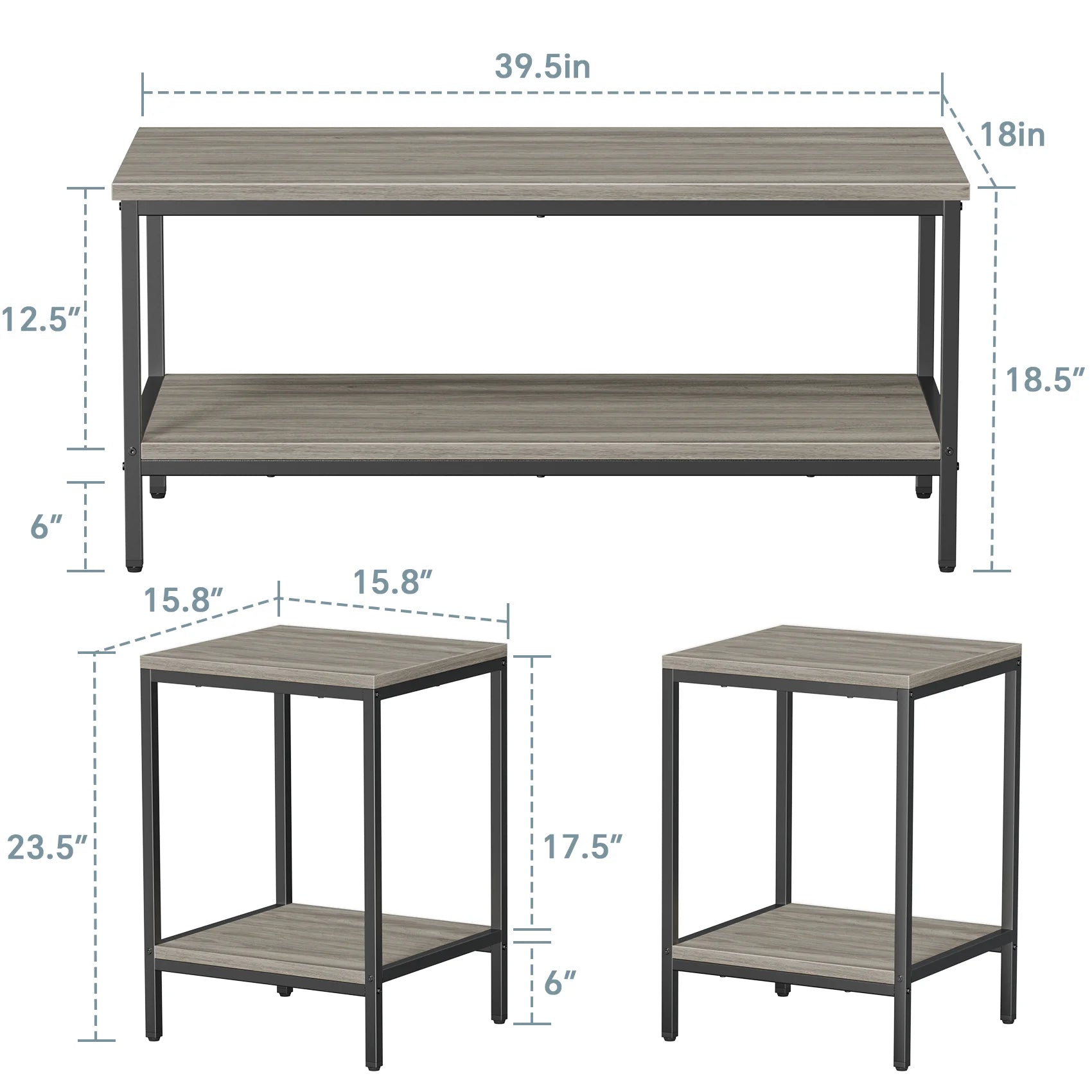 3-Piece Coffee Table Set for Living Room, End Table Set with Storage, Includes 1 Coffee Table and 2 End Tables, Rock Gray