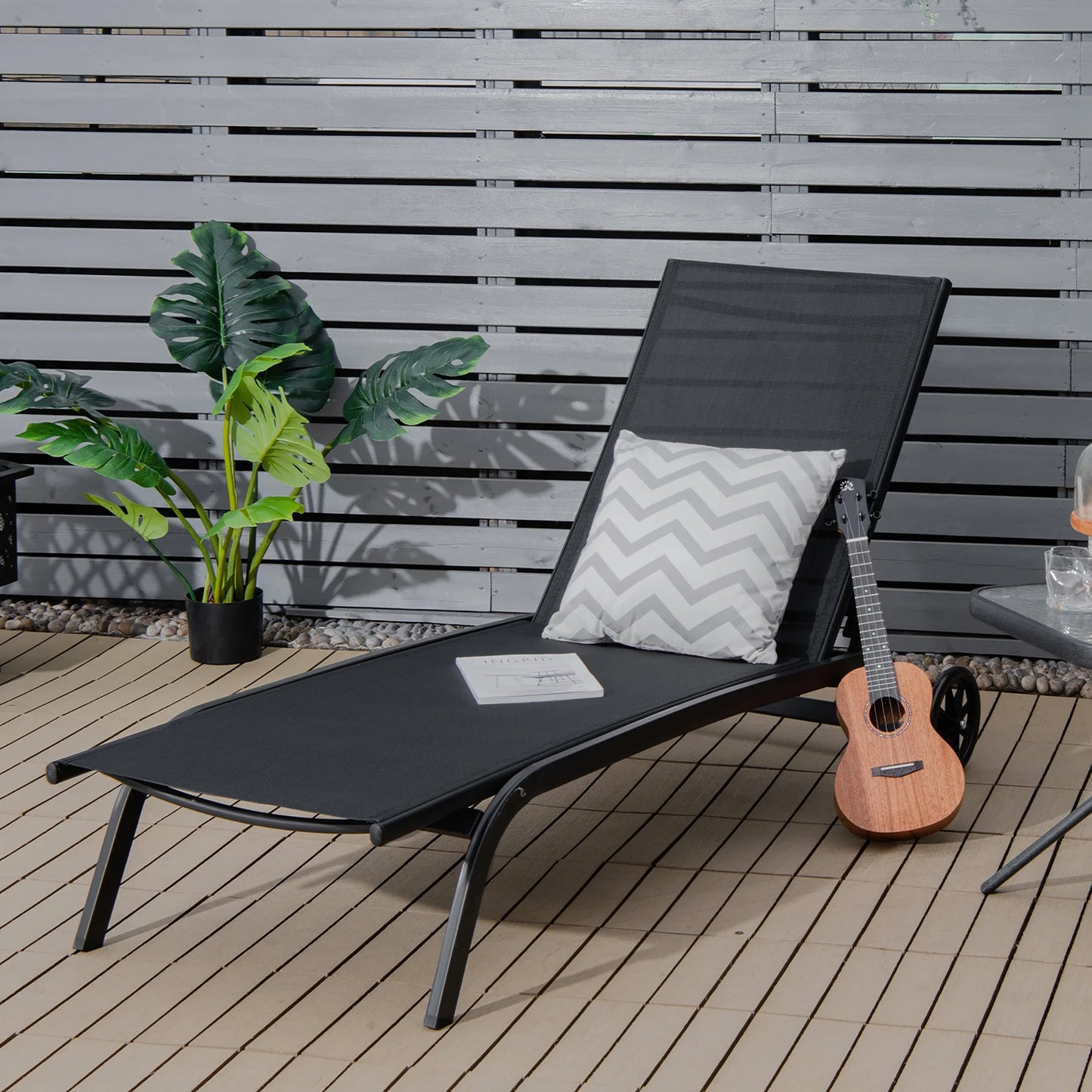Outdoor Adjustable Chaise Lounge Patio 6-Position Recliner with Wheels Black