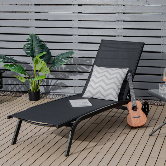 Outdoor Adjustable Chaise Lounge Patio 6-Position Recliner with Wheels Black