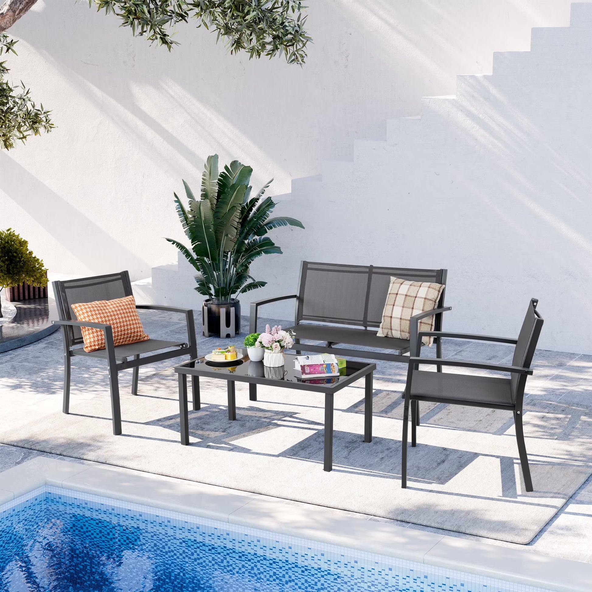 4 Pieces Outdoor Furniture Set All Weather Patio Textilene Steel Conversation Set, Patio Furniture Set Bistro Set with Loveseat Ea Table for Lawn and Balcony, Gray
