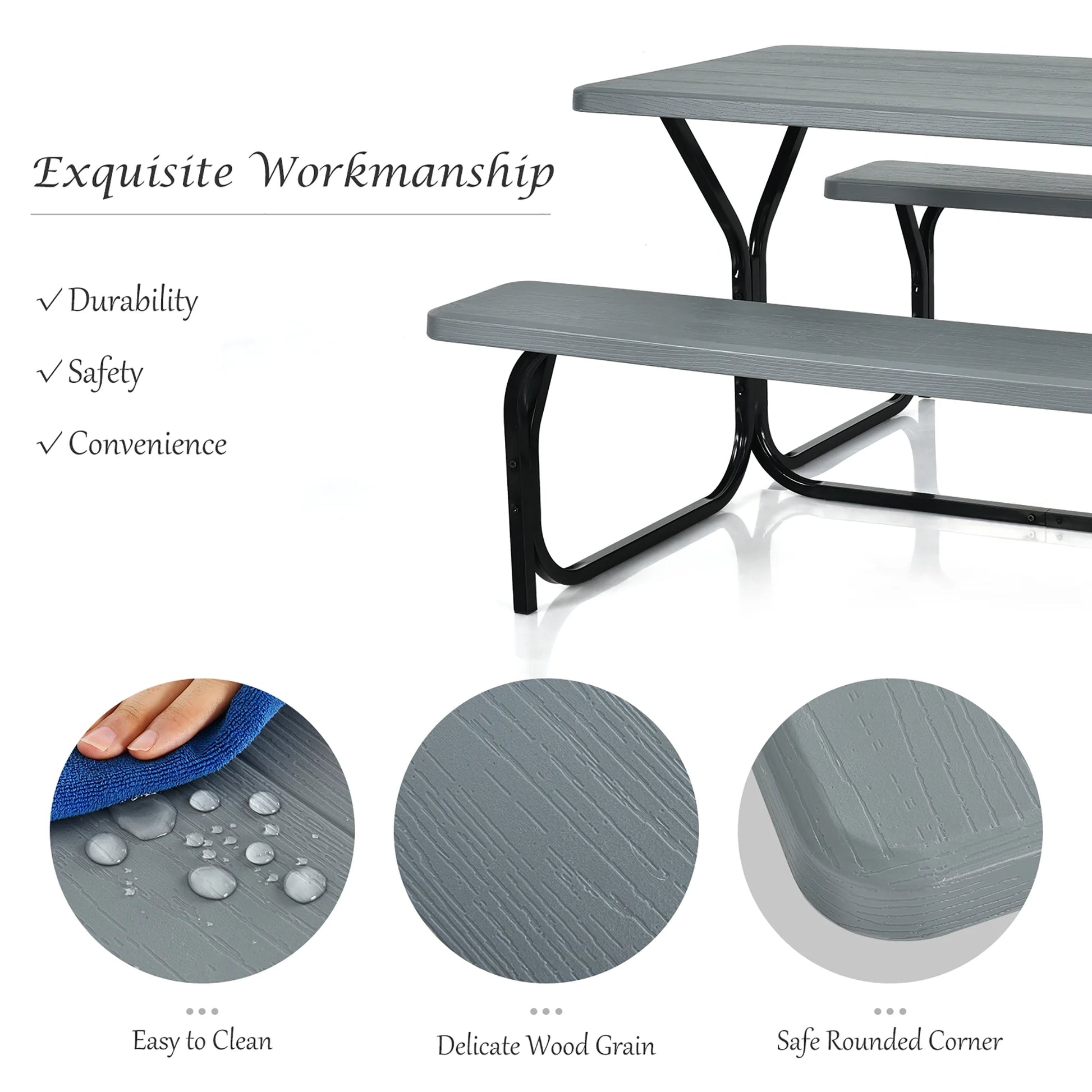 Gray Rectangle Metal Picnic Table Bench Set with Extension
