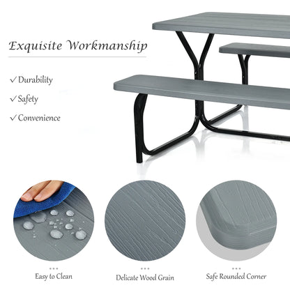 Gray Rectangle Metal Picnic Table Bench Set with Extension