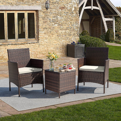 3 Pieces Patio Furniture Set Outdoor PE Rattan Wicker Patio Conversation Set Bistro Set with Tempered Glass and Cushioned Chairs, Brown/Beige