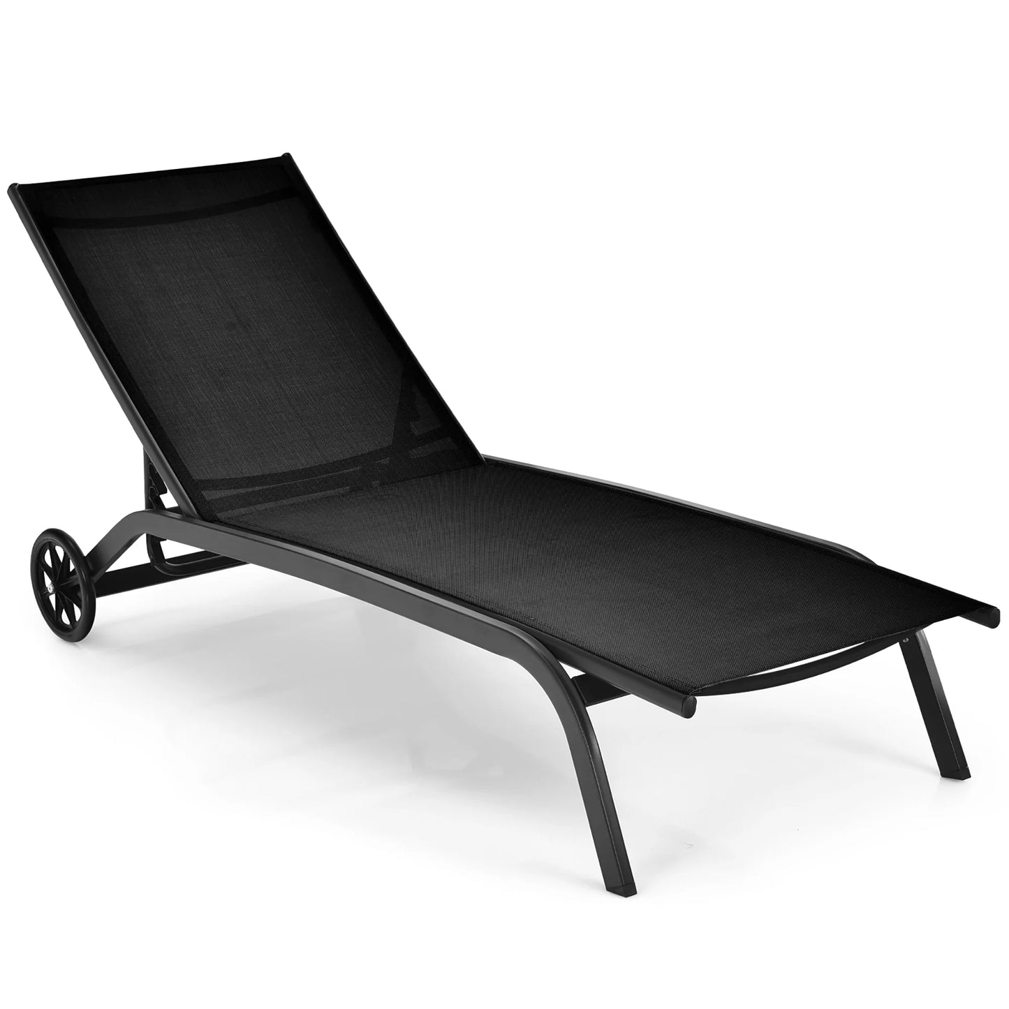 Outdoor Adjustable Chaise Lounge Patio 6-Position Recliner with Wheels Black