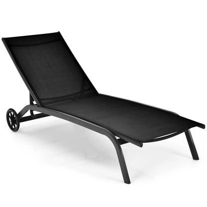 Outdoor Adjustable Chaise Lounge Patio 6-Position Recliner with Wheels Black