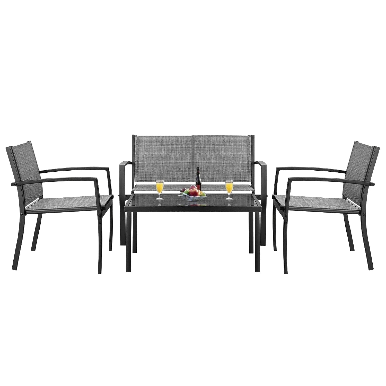 4 Pieces Patio Furniture Outdoor Furniture Outdoor Patio Furniture Set Textilene Bistro Set Modern Conversation Set Black Bistro Set with Loveseat Tea Table, Grey