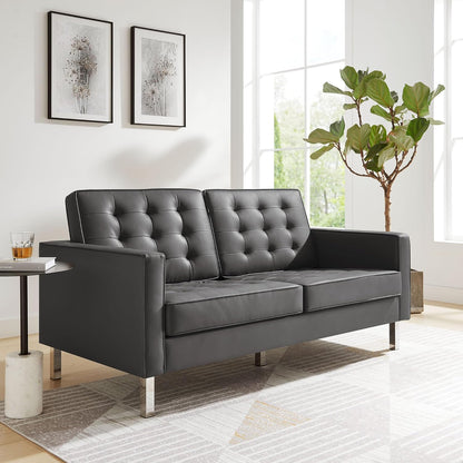 Loft Tufted Button Faux Leather Upholstered Loveseat in Silver Black