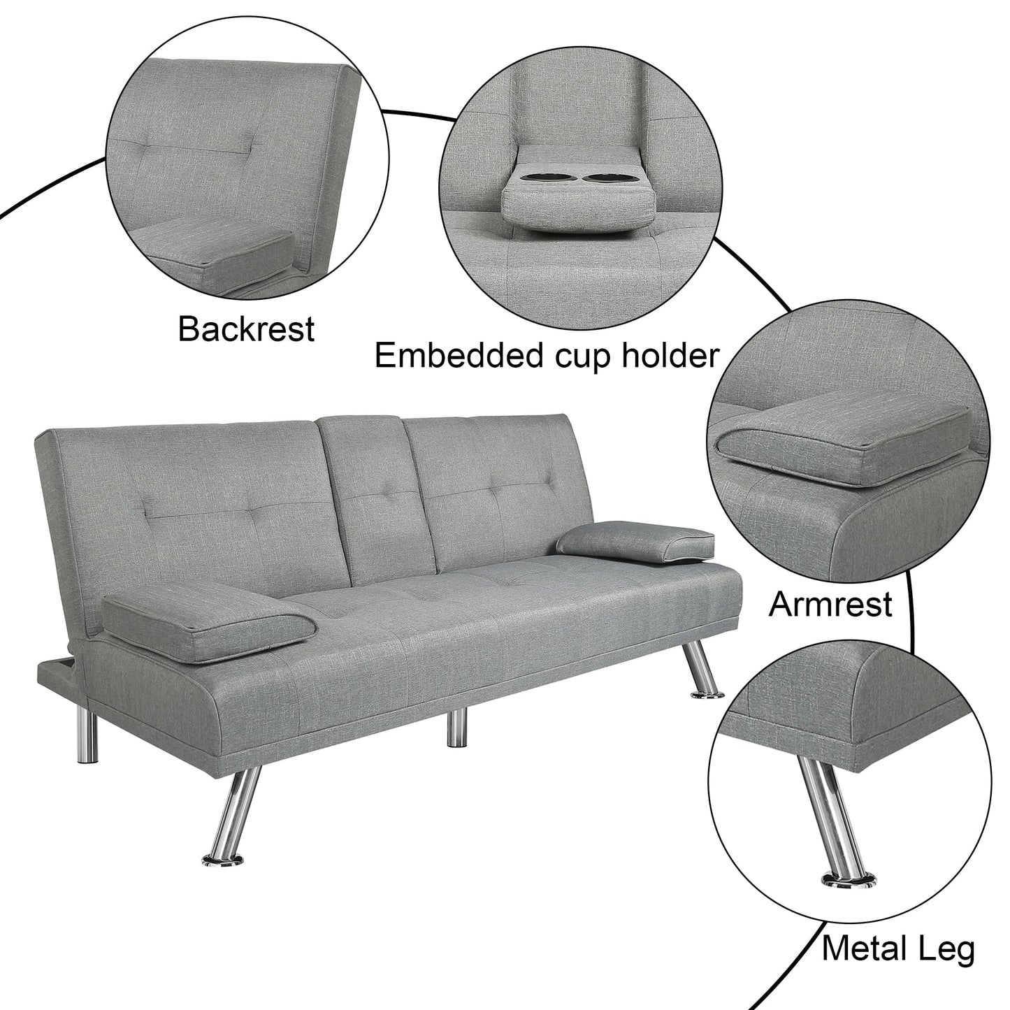 Modern Futon Convertible Sofa Bed with Adjustable Back with Cupholders