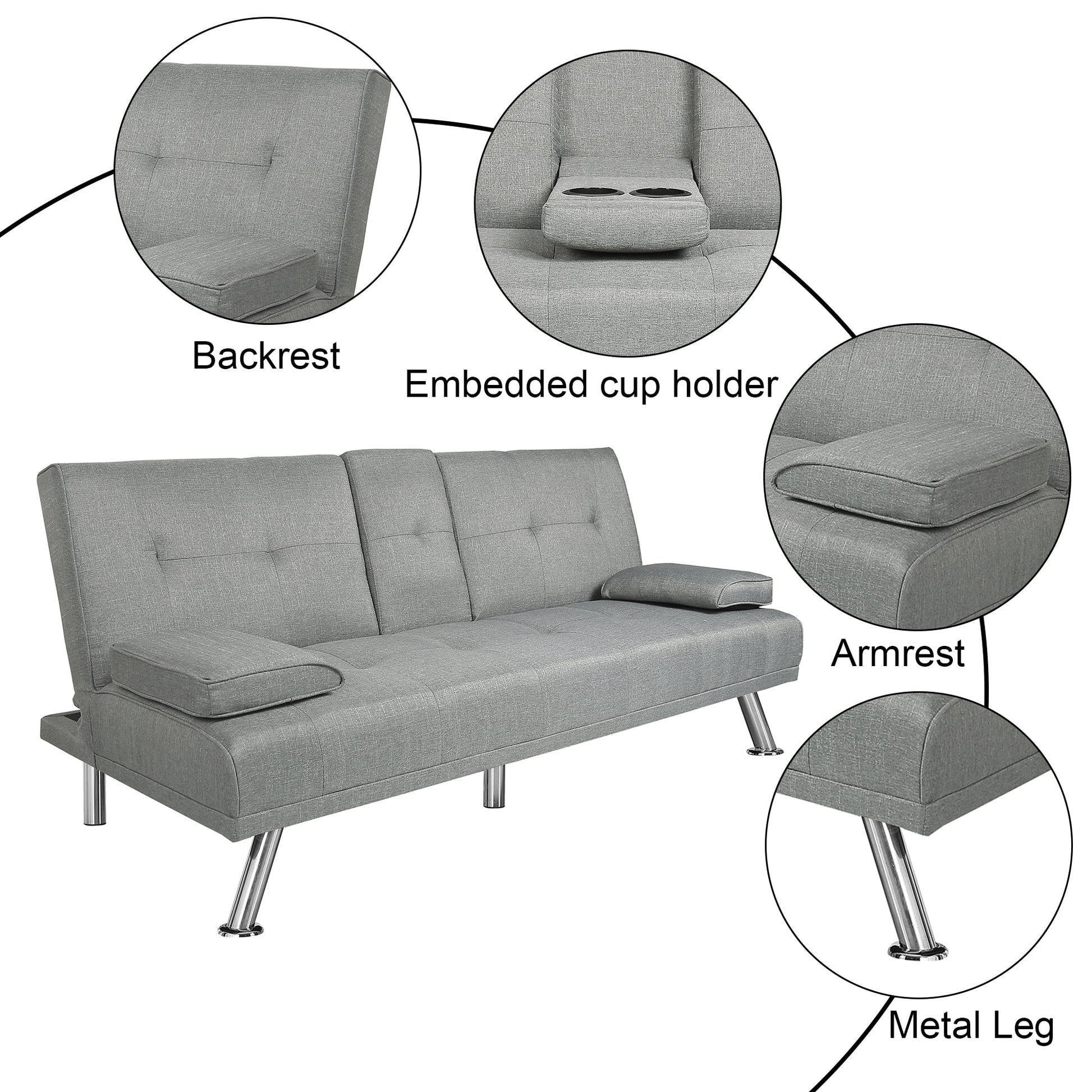 Modern Futon Convertible Sofa Bed with Adjustable Back with Cupholders