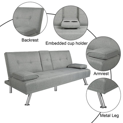 Modern Futon Convertible Sofa Bed with Adjustable Back with Cupholders