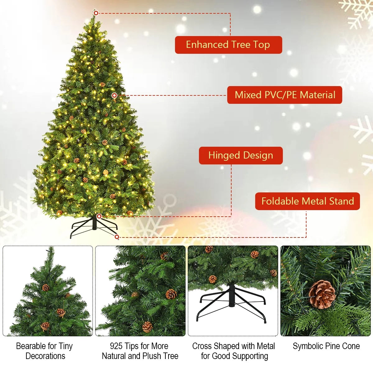 7Ft Pre-Lit Christmas Tree Hinged 460 LED Lights Pine Cones