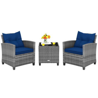 3PCS Patio Rattan Furniture Bistro Set Cushioned Sofas Side Table Armrest Navy