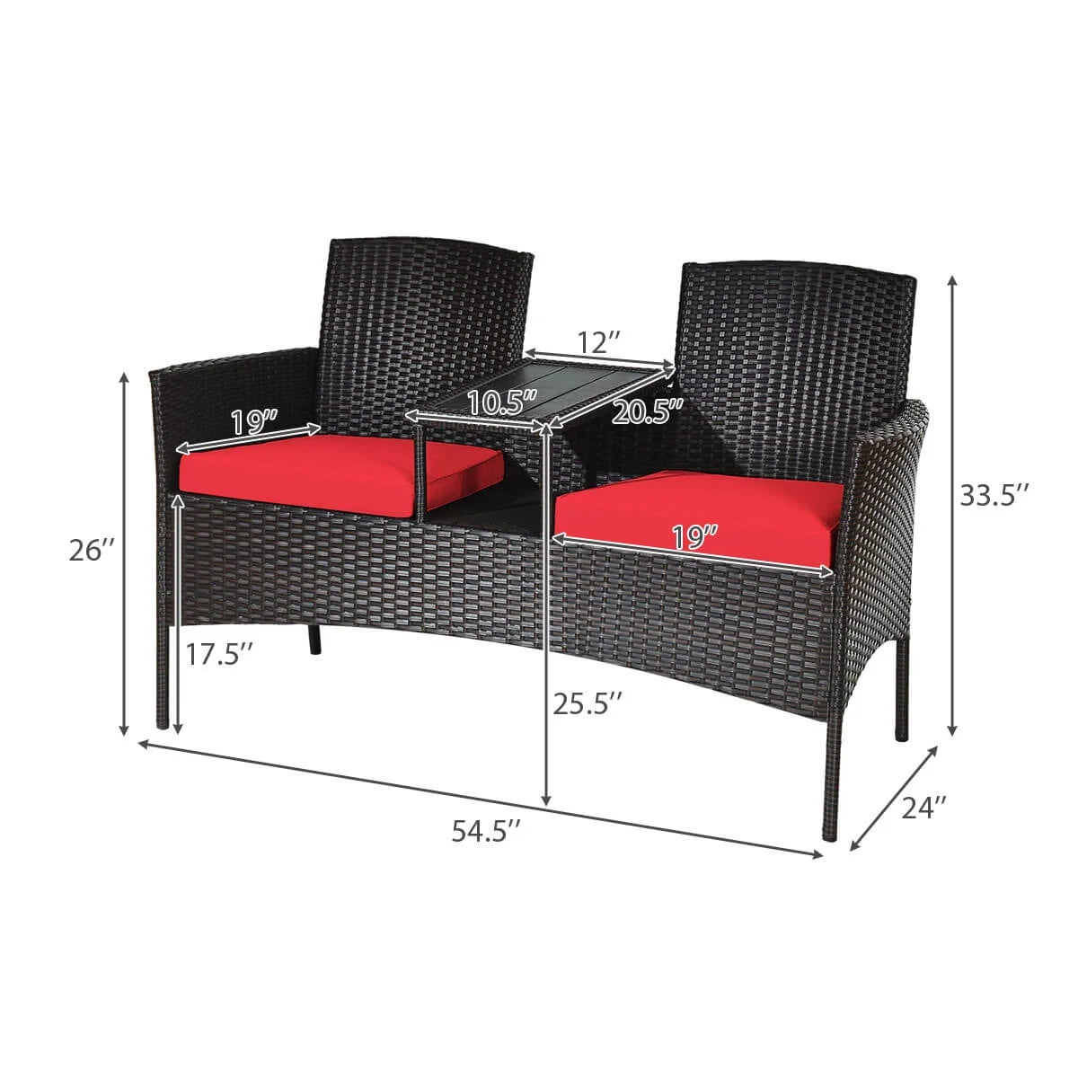 Patio Rattan Conversation Set Seat Sofa Cushioned Loveseat Glass Table Chair Red