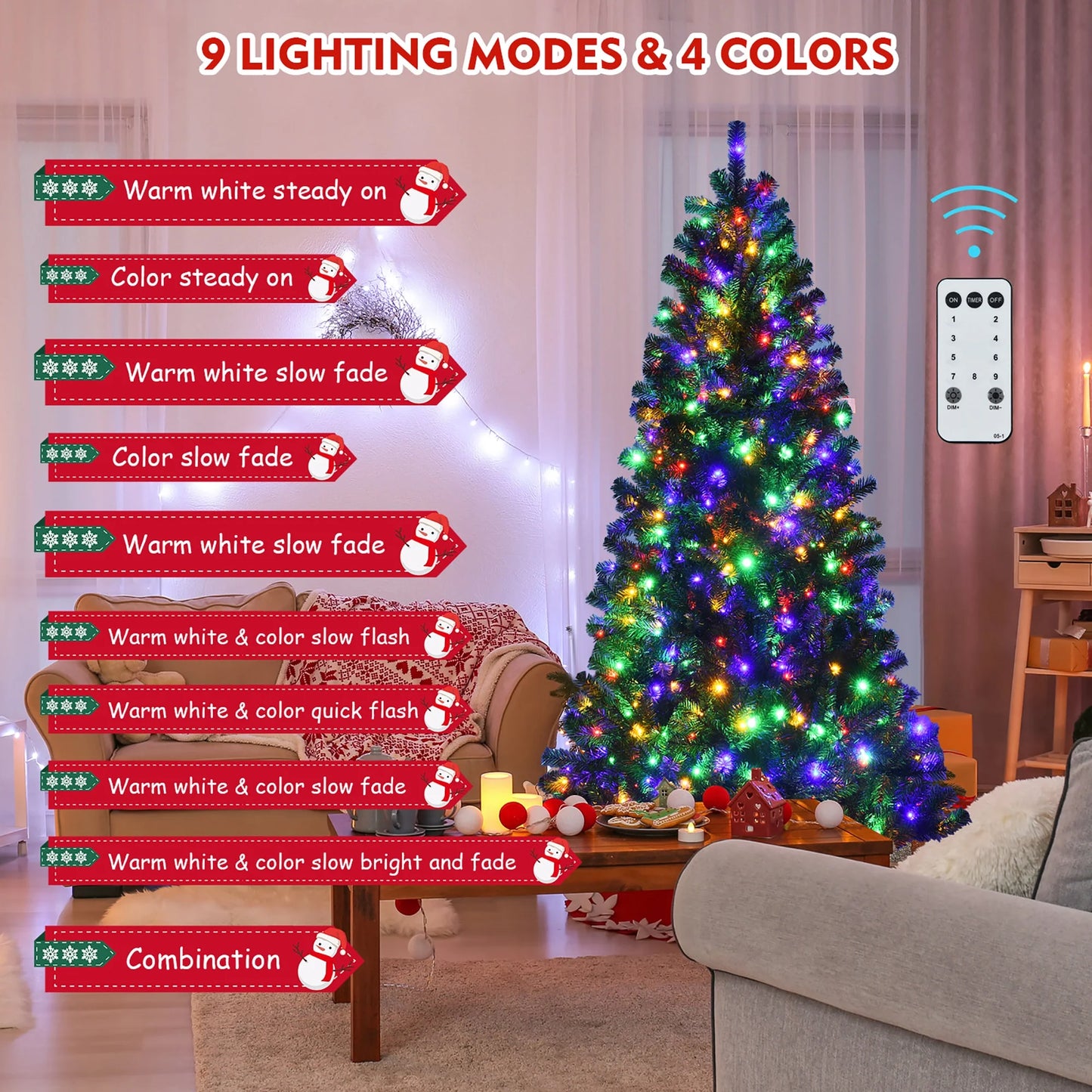 7Ft Pre-Lit Hinged Christmas Tree W/ Remote Control & 9 Lighting Modes