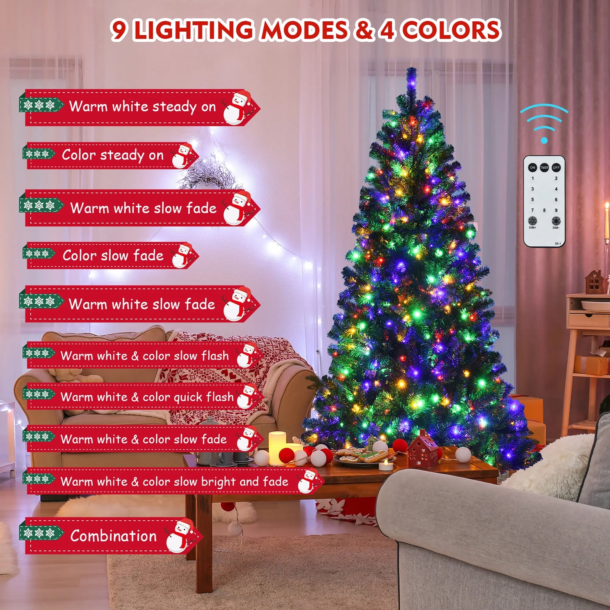 7Ft Pre-Lit Hinged Christmas Tree W/ Remote Control & 9 Lighting Modes