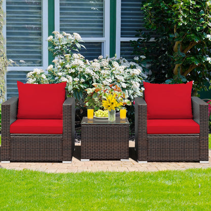 3PCS Patio Rattan Furniture Set Conversation Sofa Cushioned Garden Red