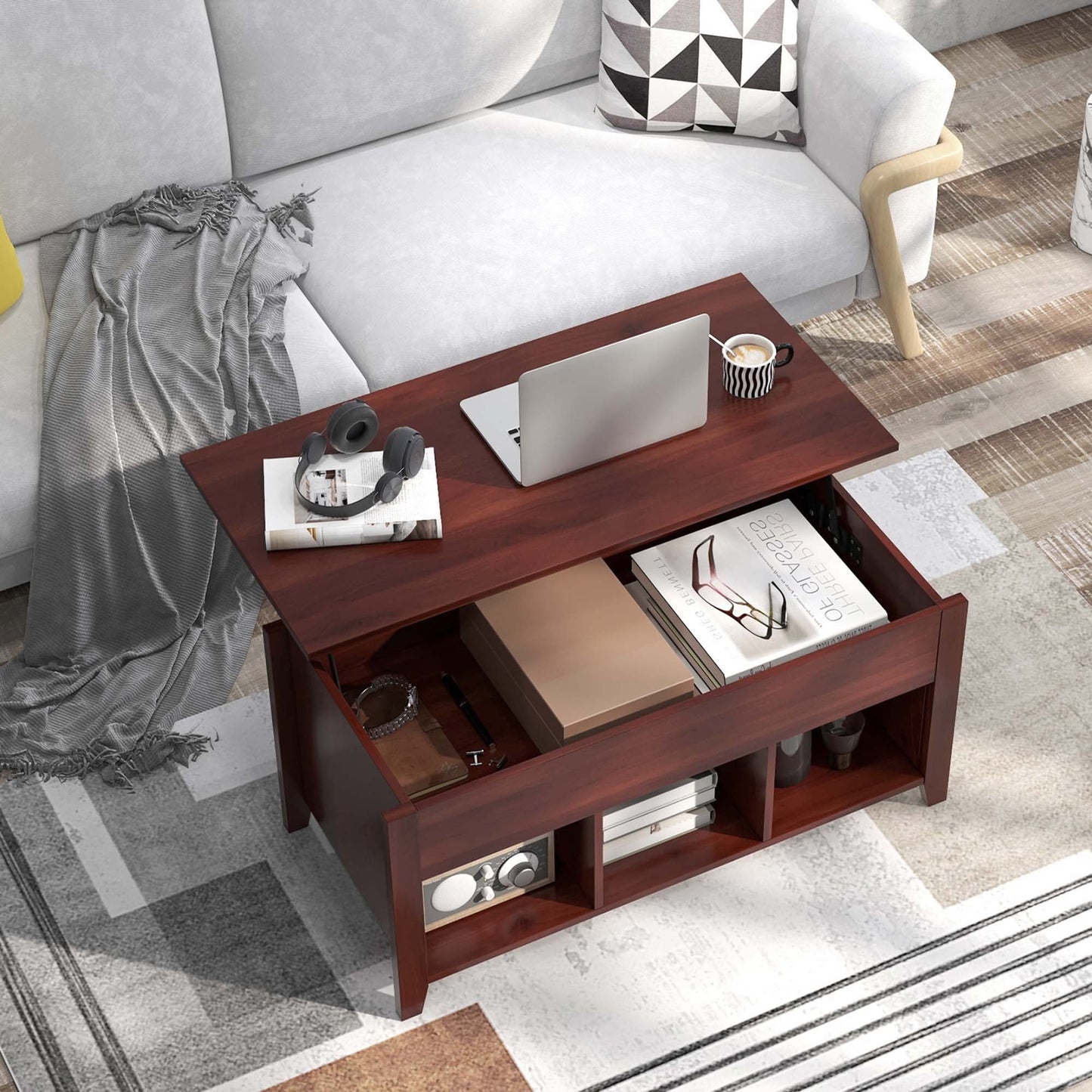 Lift Top Coffee Table W/ Hidden Compartment and Storage Shelves Modern Furniture Brown