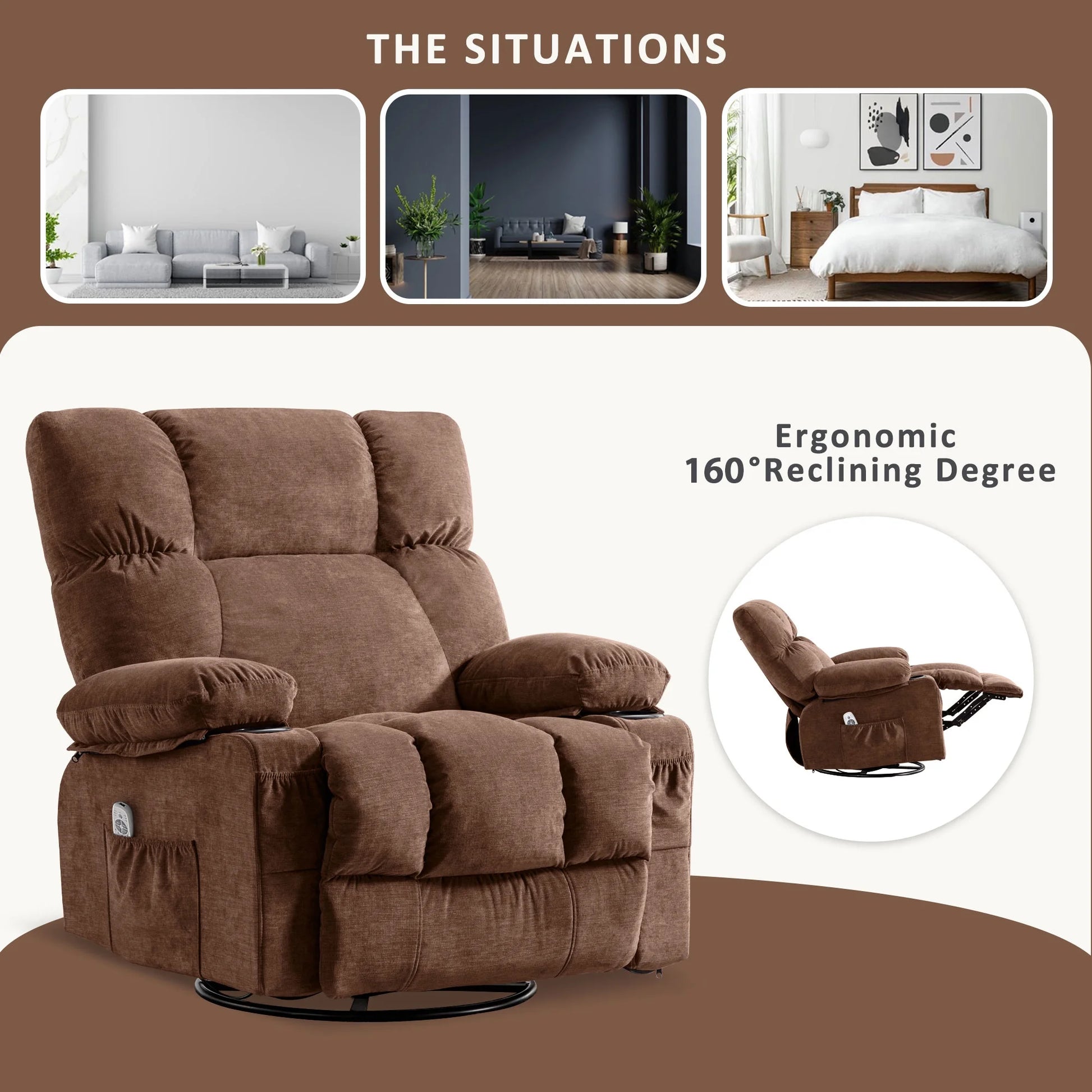 Massage Swivel Rocker Recliner Chair with Vibration Massage and Heat Ergonomic Lounge Chair for Living Room with Rocking Function and Side Pocket, 2 Cup Holders, USB Charge Port,Brown