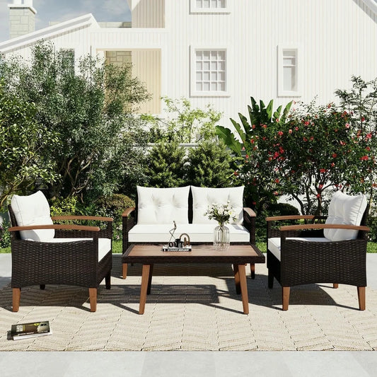 4-Piece Patio Seating Set, Patio Furniture Set, Patio Furniture Set, Wicker Garden Furniture with Wood Table and Legs, PE Rattan Outdoor Sofa Set for Balcony, Beige