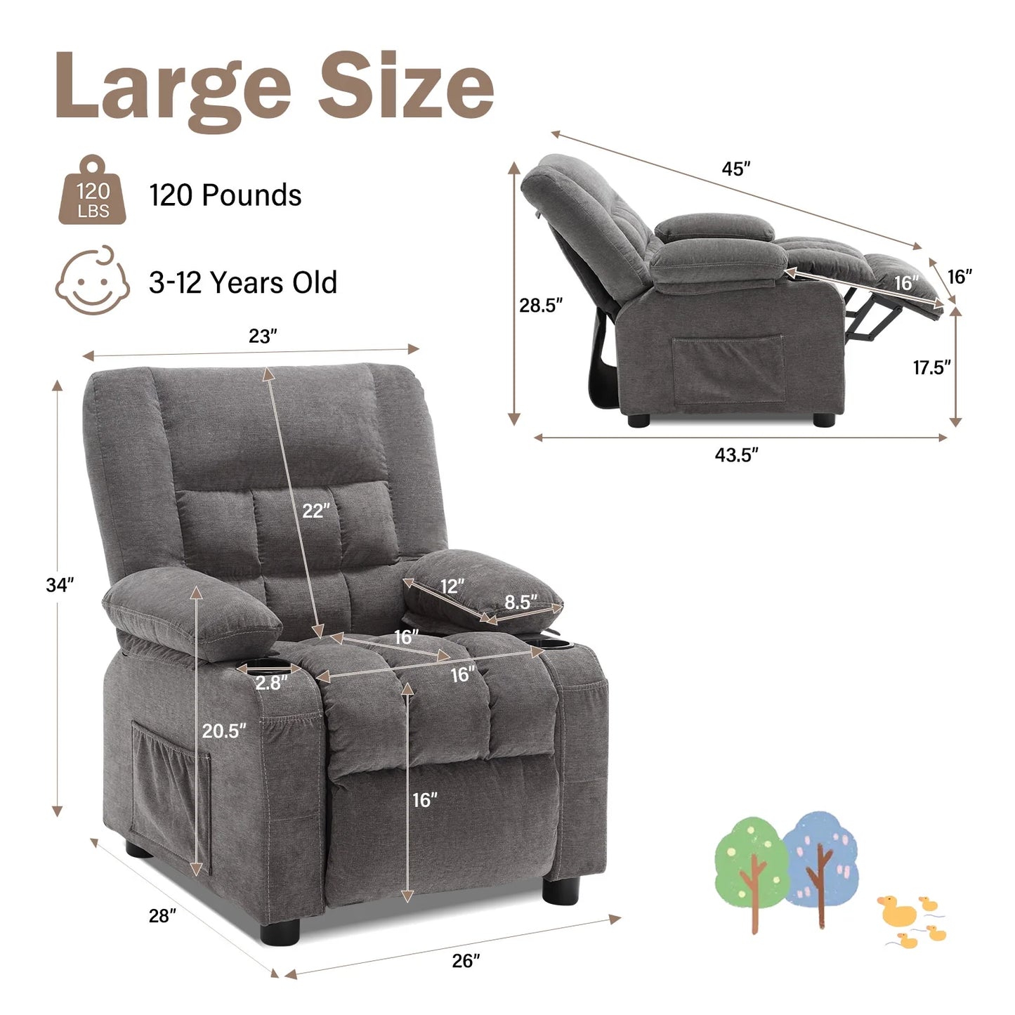 Kids Recliner Chair,Push Back Toddler Recliner with Cup Holders & Side Pockets,Adjustable Footrest & Headrest Kids Sofa for Boys Girls 3+ Age Group, Grey