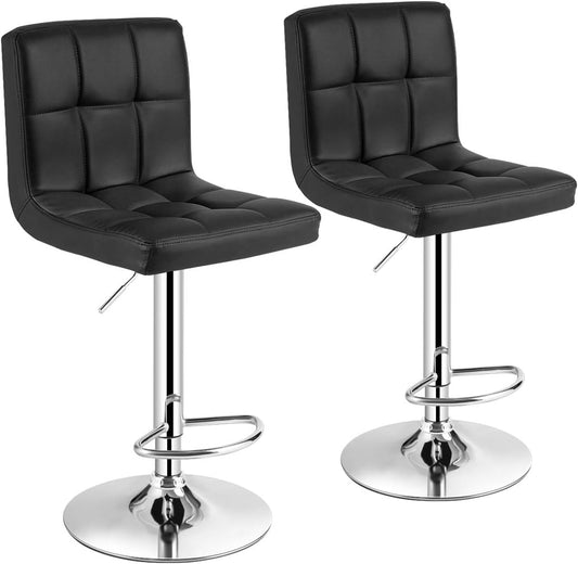 Adjustable Bar Stools Set of 2, Modern Swivel PU Leather Bar Chair with Backrest, Soft Cushioned Seat, Footrest, Sturdy Metal Frame, Comfortable Barstools for Kitchen Island, Pub, Black