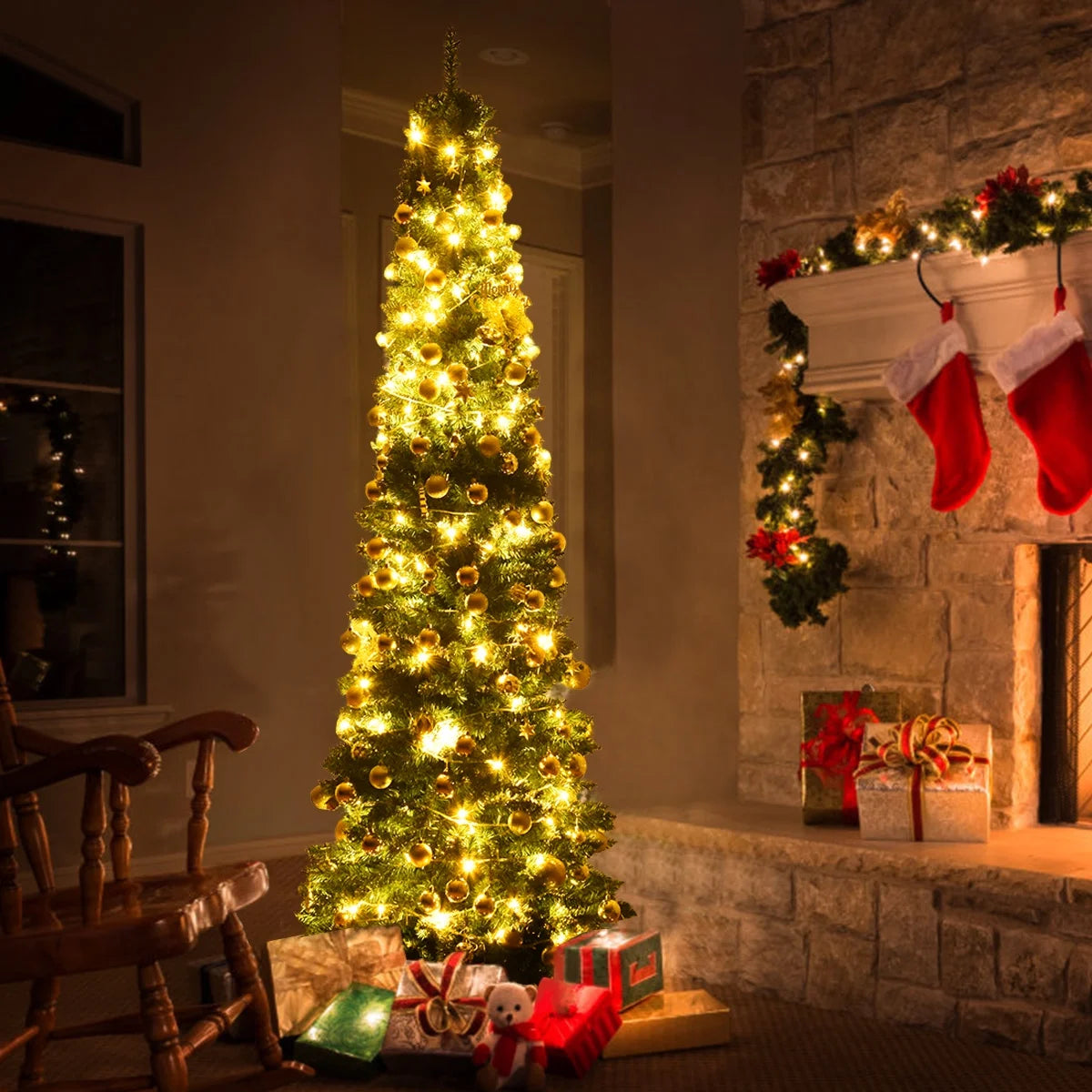 8Ft PVC Artificial Pencil Christmas Tree Slim Stand Green