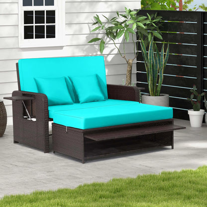 Patio Rattan Loveseat Set Daybed Lounge Storage Ottoman Side Tables Adjust Gray