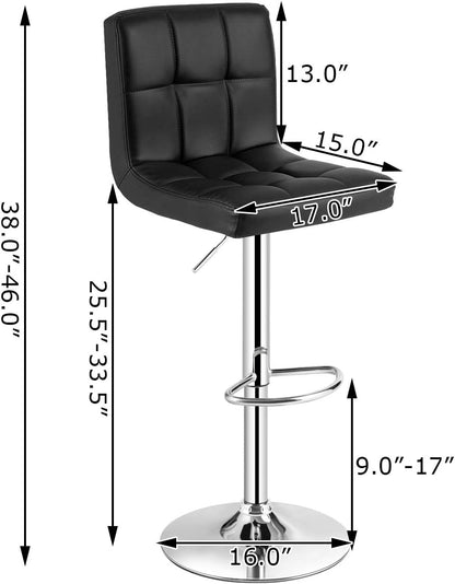 Adjustable Bar Stools Set of 2, Modern Swivel PU Leather Bar Chair with Backrest, Soft Cushioned Seat, Footrest, Sturdy Metal Frame, Comfortable Barstools for Kitchen Island, Pub, Black