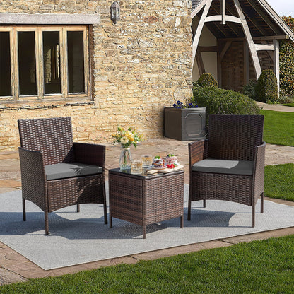3 Pieces Patio Furniture Set Outdoor PE Rattan Wicker Patio Conversation Set Bistro Set with Tempered Glass and Cushioned Chairs, Brown/Beige