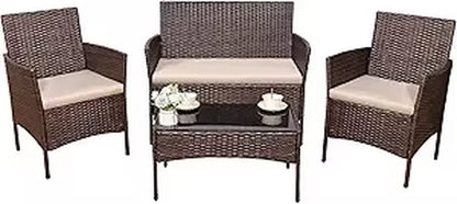 4 Pieces Outdoor Patio Furniture Set, PE Rattan Wicker Chairs Balcony Lawn Porch Patio Furniture Sets with Beige Cushion and Ta