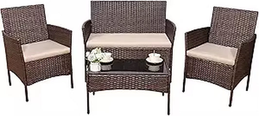 4 Pieces Outdoor Patio Furniture Set, PE Rattan Wicker Chairs Balcony Lawn Porch Patio Furniture Sets with Beige Cushion and Ta
