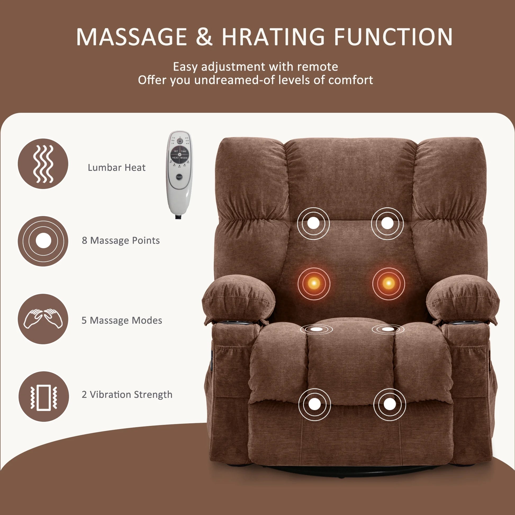Massage Swivel Rocker Recliner Chair with Vibration Massage and Heat Ergonomic Lounge Chair for Living Room with Rocking Function and Side Pocket, 2 Cup Holders, USB Charge Port,Brown