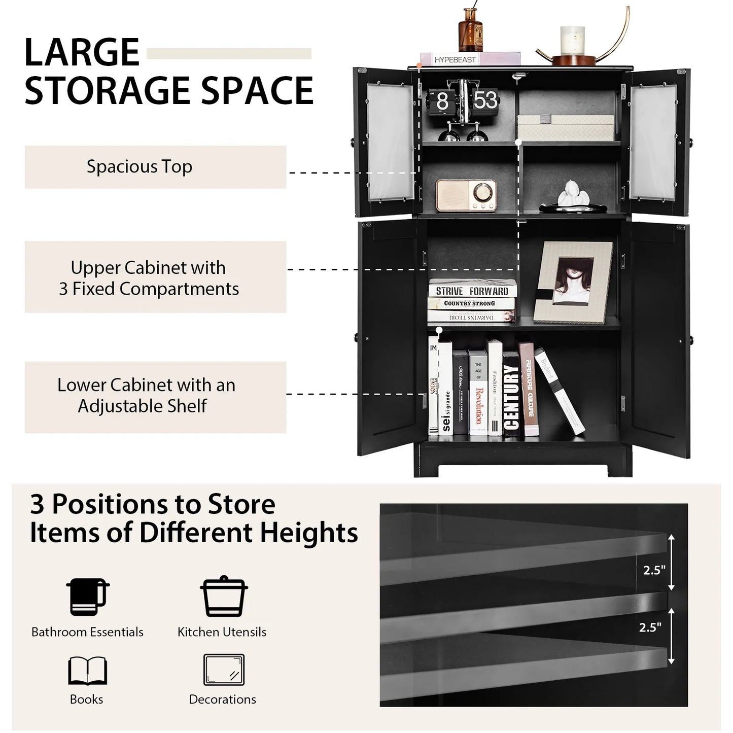 Bathroom Floor Storage Cabinet Kitchen Cupboard W/Doors&Adjustable Shelf Black