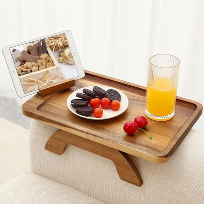 Couch Arm Table, Bamboo Sofa Clip on Tray Tables,Sofa Armrest Tray with 360° Phone Holder,Couch Armrest Table for Eating and Drinking