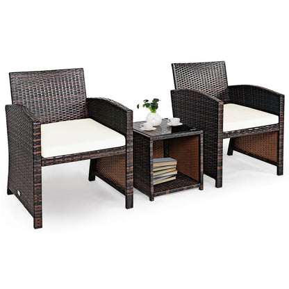 3PCS Patio Rattan Wicker Furniture Cushion Sofa Coffee Table White