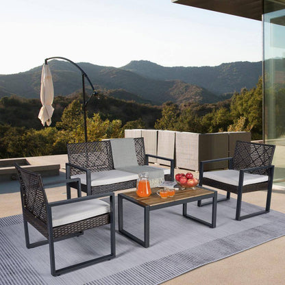 4-Piece Wicker Patio Conversation Set with Cushion, Outdoor Patio Furniture Set with Wood Table Top-Grey Cushions