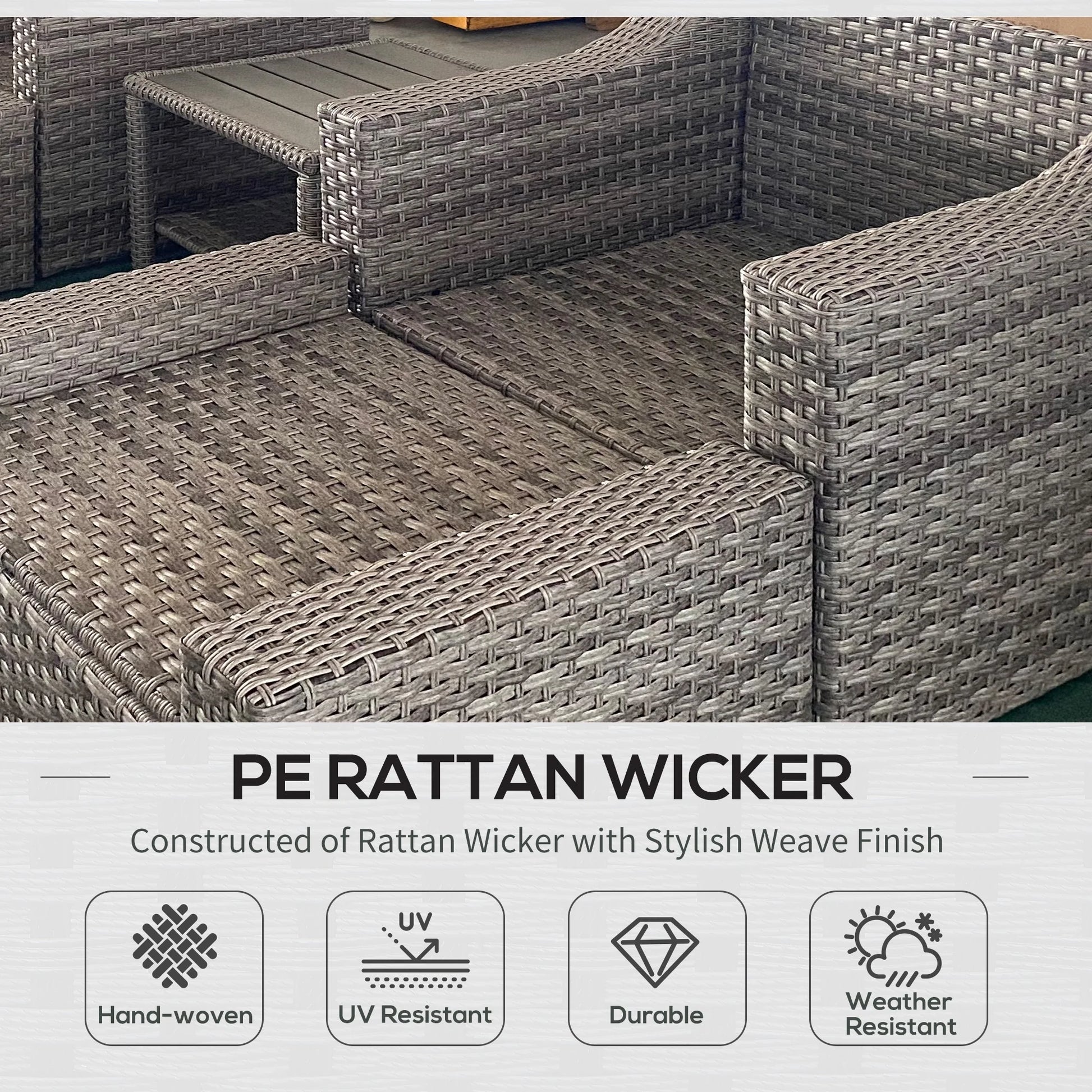5-Piece PE Rattan Outdoor Patio Dining Set with Ottoman and Coffee Table, Gray