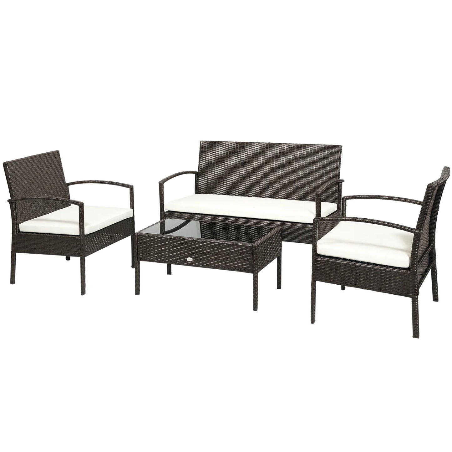Patio Furniture Set, 4 Piece Indoor Outdoor PE Wicker Conversation Set with Chairs, Loveseat Sofa, Cushions, Glass Table, Brown