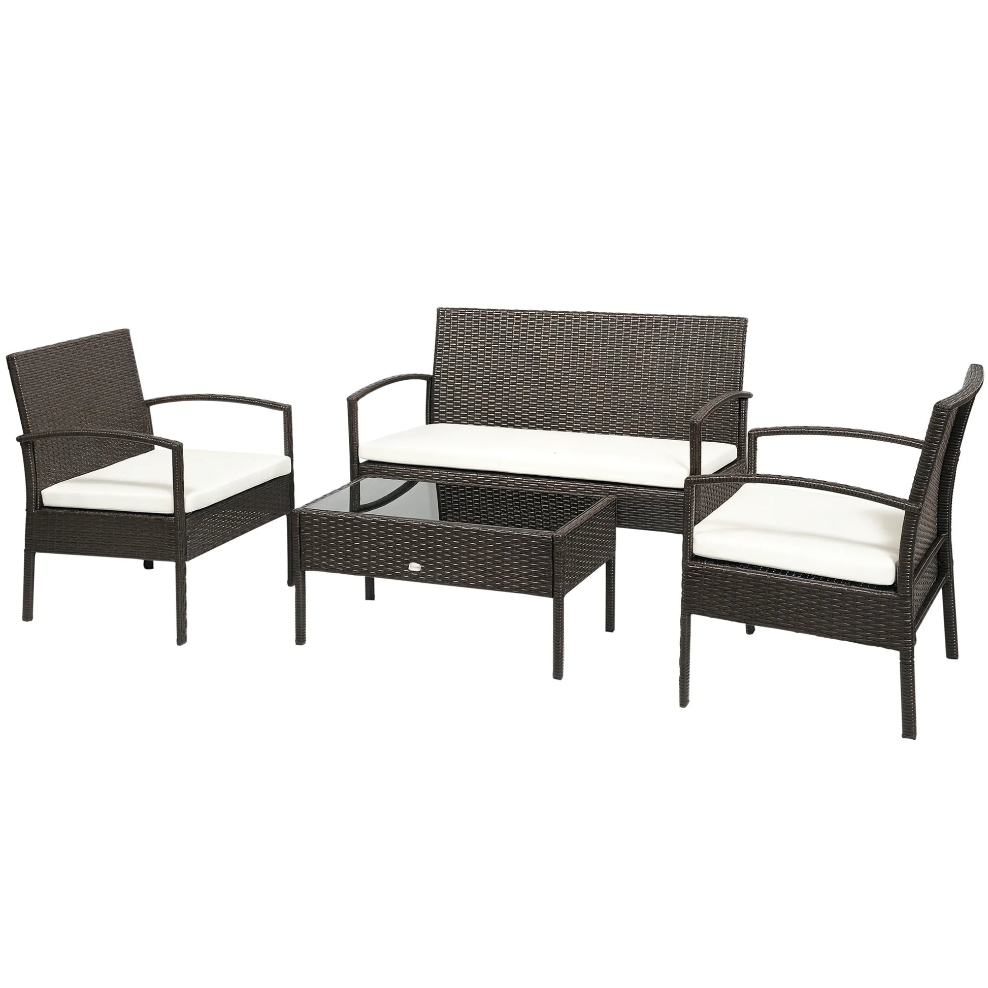 Patio Furniture Set, 4 Piece Indoor Outdoor PE Wicker Conversation Set with Chairs, Loveseat Sofa, Cushions, Glass Table, Brown