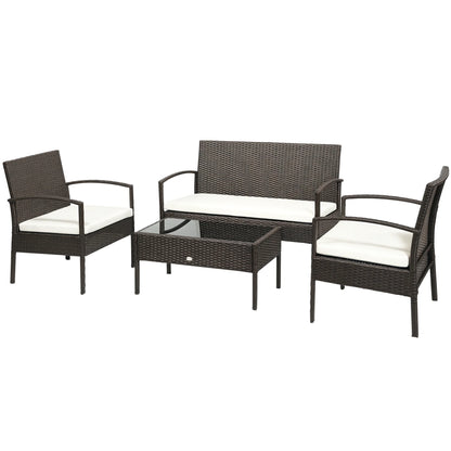 Patio Furniture Set, 4 Piece Indoor Outdoor PE Wicker Conversation Set with Chairs, Loveseat Sofa, Cushions, Glass Table, Brown