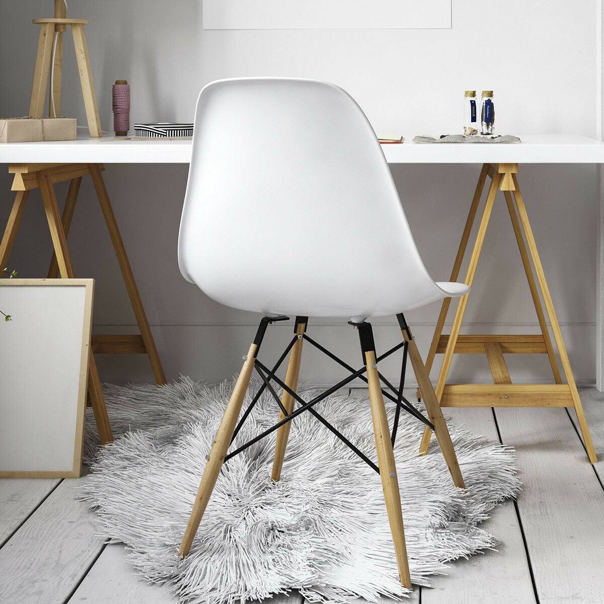 Set of 2 Mid Century Modern Style Dining Side Chair Wood Leg White