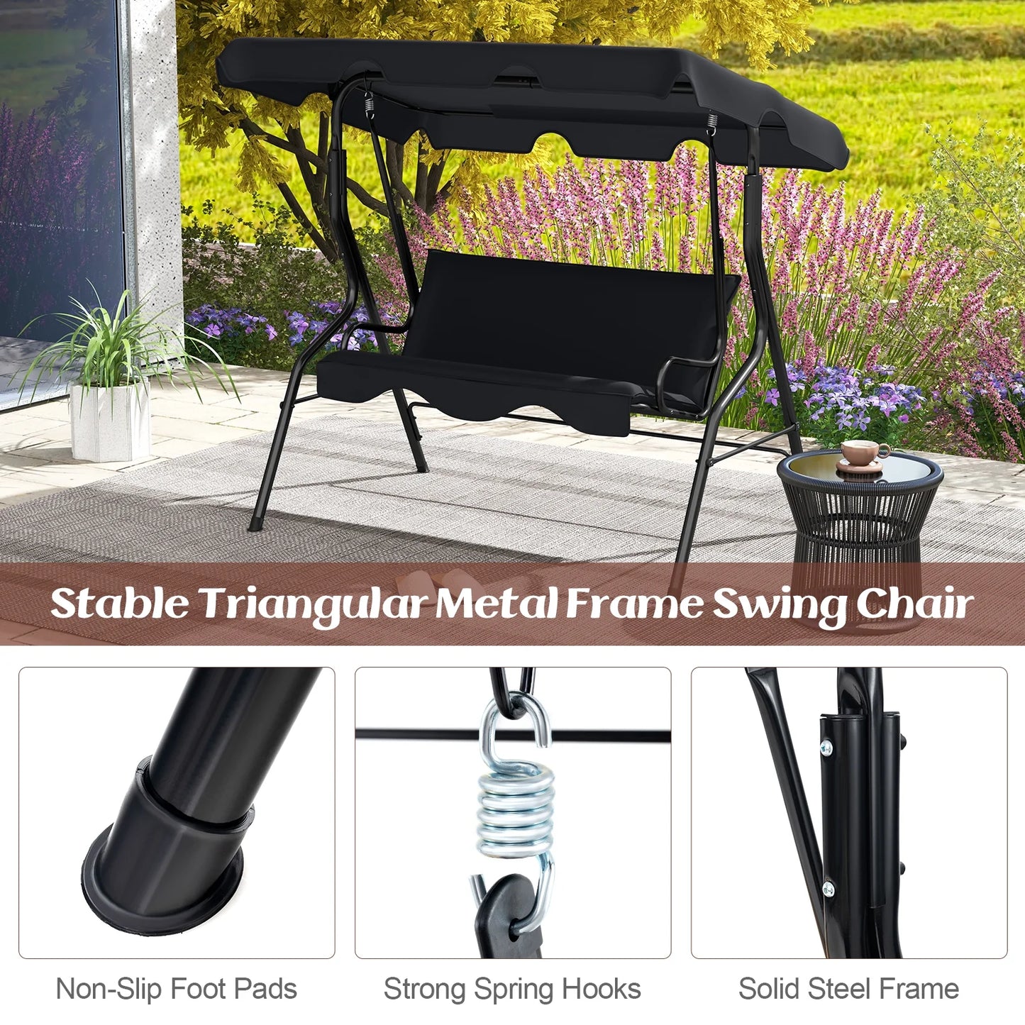Patio 3 Seats Canopy Porch Swing Glider Hammock Cushioned Steel Frame Outdoor Black
