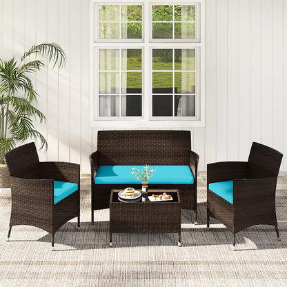 4 Pieces Comfortable Mix Outdoor Rattan Sofa Set with Glass Coffee Table 4 -Piece Rattan Patio Conversation Set with Blue Cushions
