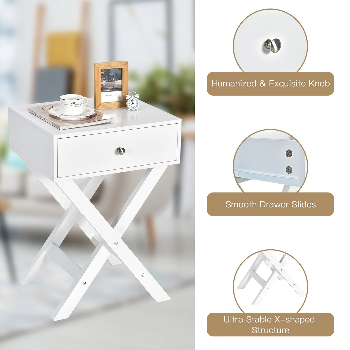 Side Nightstand with Drawer X Shaped Structure Accent Sofa End Table White