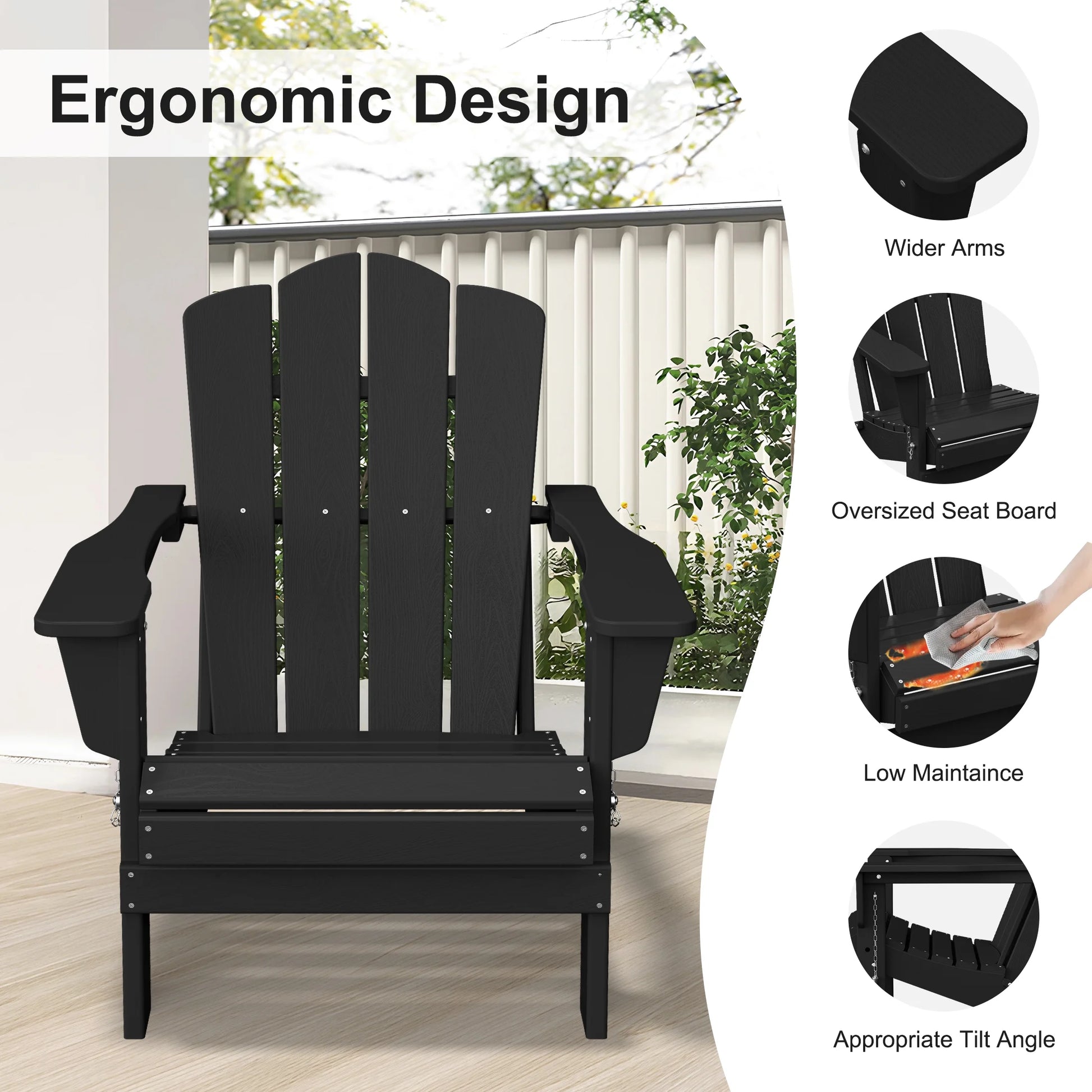 Adirondack Chair, Plastic Folding Outdoor Patio Lawn Chairs, outside HDPE Chairs for Lawn, Yard, Black