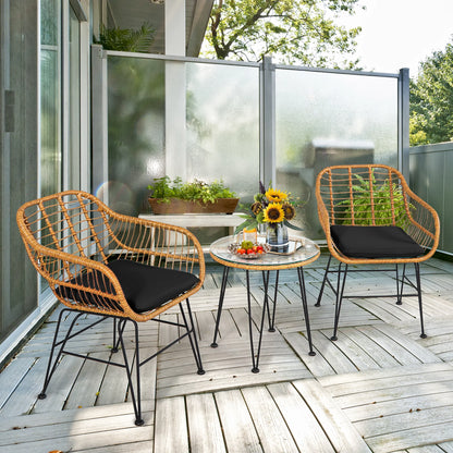 3PCS Patio Rattan Bistro Furniture Set Cushioned Chair Table Grey