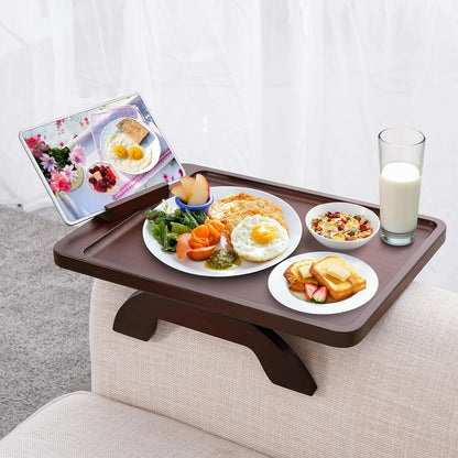 Couch Arm Table, Bamboo Sofa Clip on Tray Tables,Sofa Armrest Tray with 360° Phone Holder,Couch Armrest Table for Eating and Drinking
