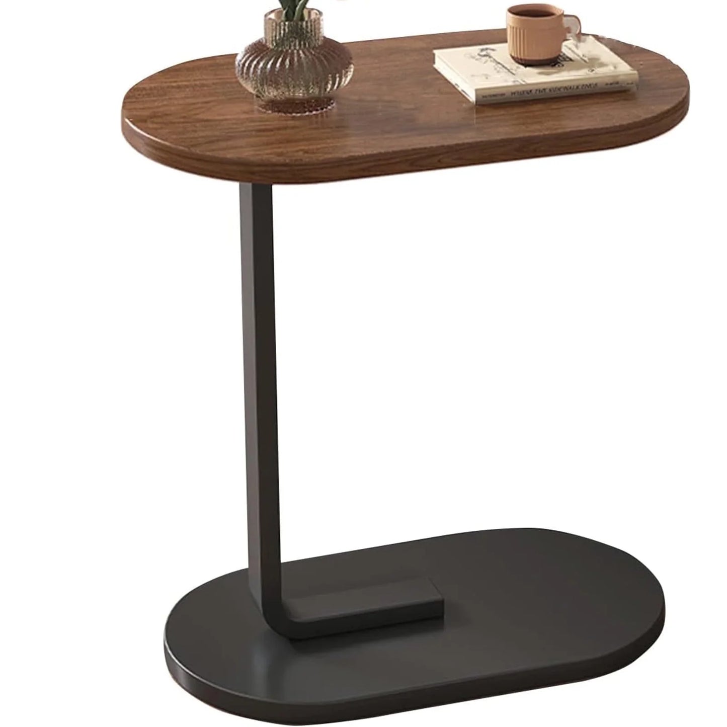 C-Shaped End Table Small Couch Side Table for Sofa Bedside Living Room Bedroom Furniture, 12" W X 18 L X 24.5" H, Walnut & Black